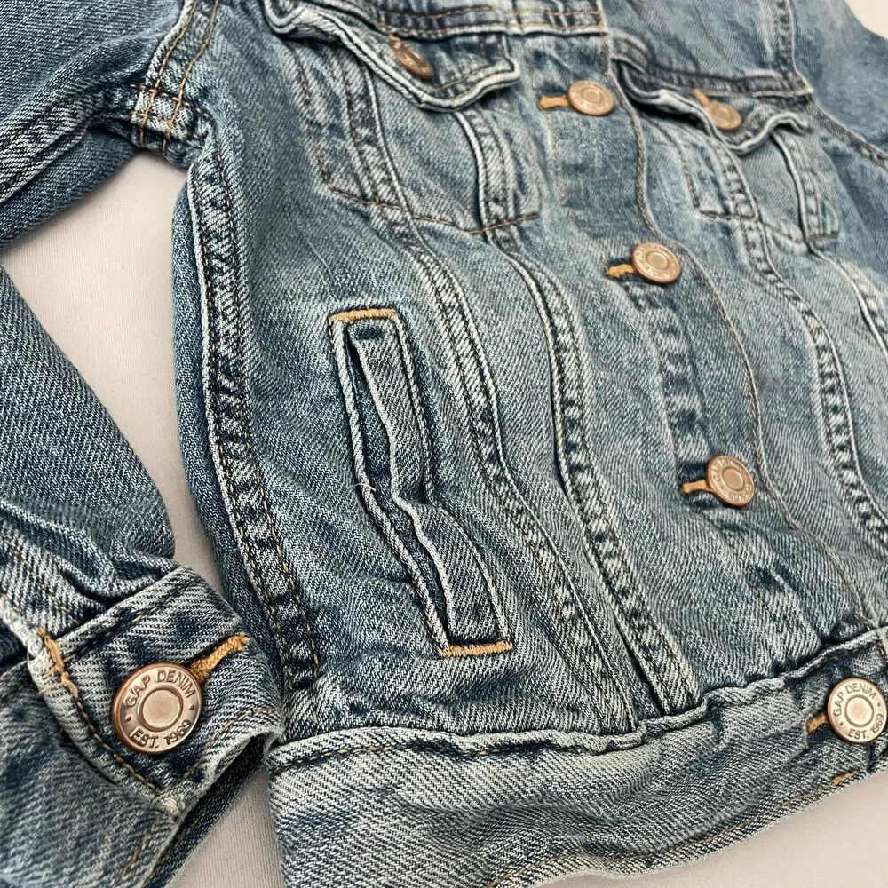 ~ Gap Kids S Jean Jacket Snaps Medium Wash Pockets Denim Cotton Blue Soft Unisex